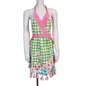 Beautiful Easter Eggs Gingham Full Apron Pockets Tassels Applique Farmhouse